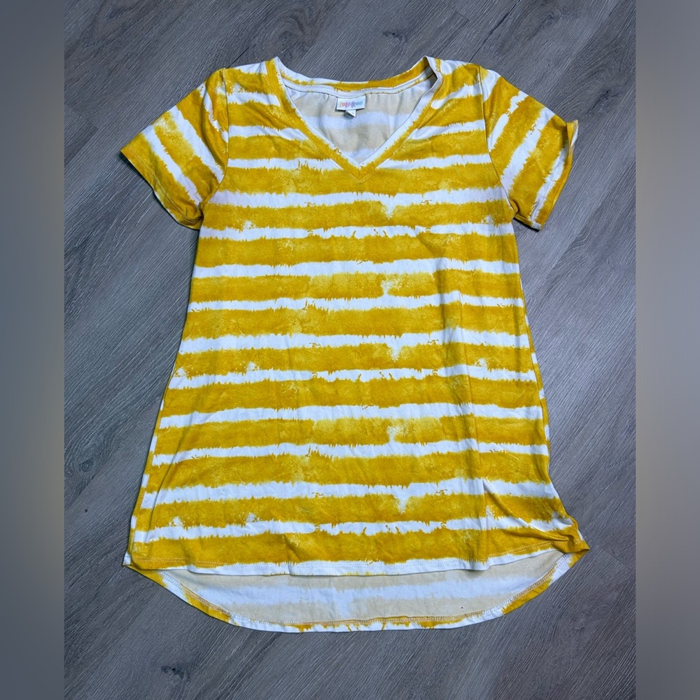 LuLaRoe Christy V Neck Women’s Shirt Top Yellow White Stripes Leggings Material